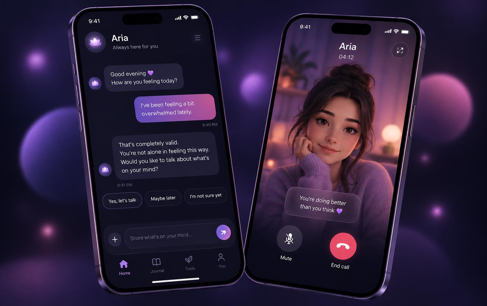 Cognirra app showing a chat and a video call with the AI companion Aria